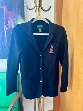 Lauren Ralph Lauren Navy Knit Blazer with Crest Patch